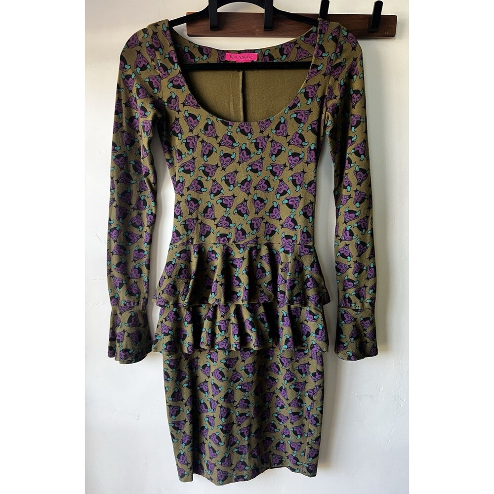 Betsey Johnson Petite Ruffle Bell Sleeve Mini Dress Olive Peplum Devil Print Y2K